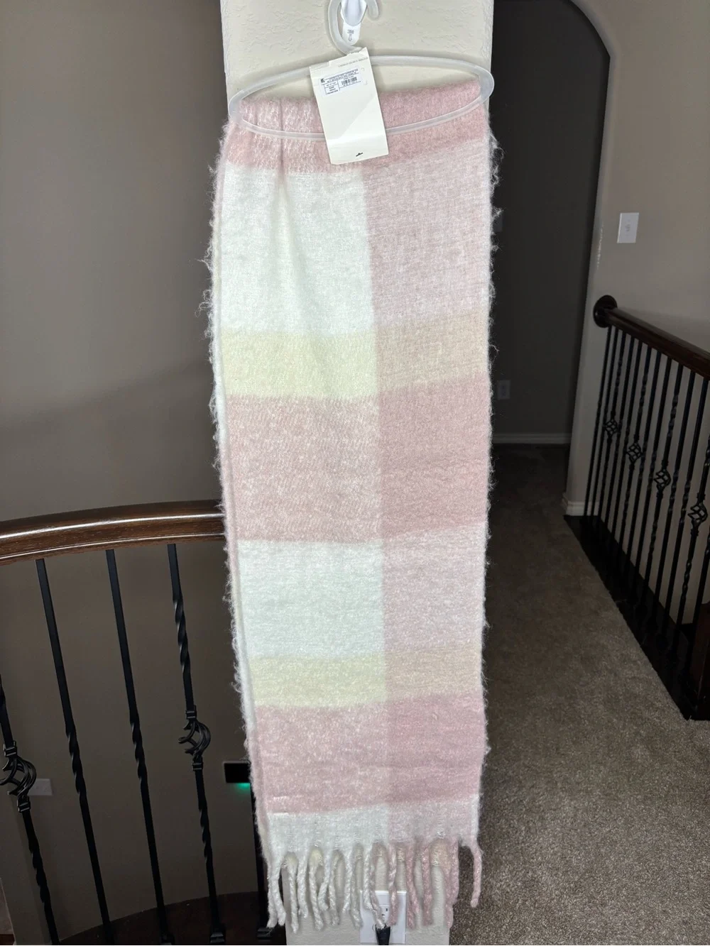 a new day Pastel Pink Plaid Fringe Knit Scarf NEW Fall Coquette Winter Girly